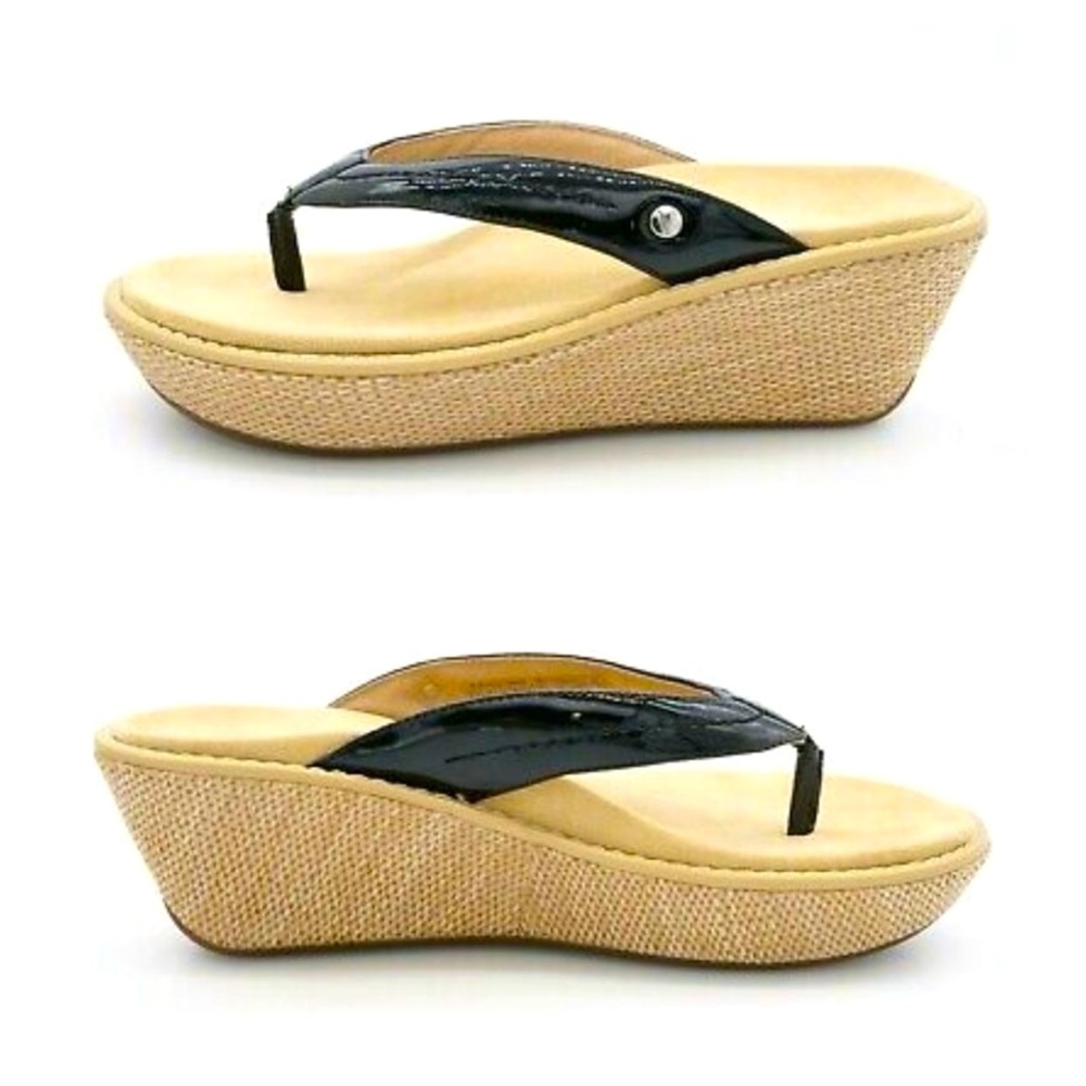 VIONIC GRENADA ORTHAHEEL BLACK PATENT LEATHER WEDGE PLATFORM THONG SANDAL Sz6